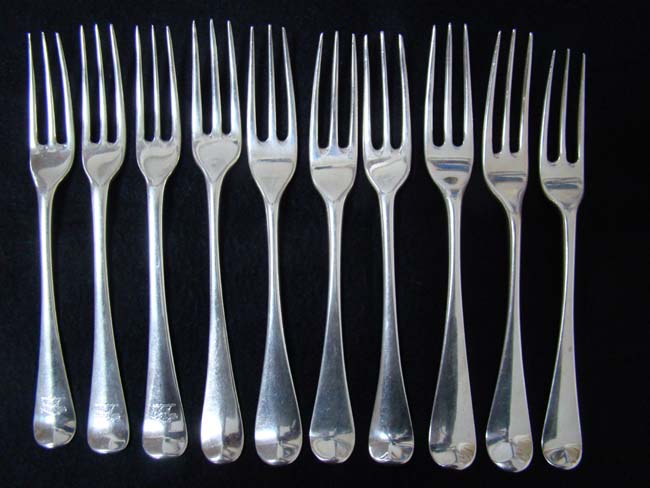 A collection of ten 18th century English Sterling Silver Dinner Forks circa 1737-1752
